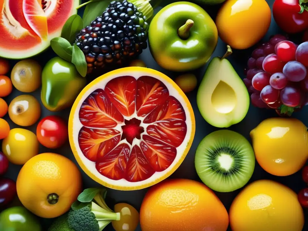 Una exquisita exhibición de frutas y verduras frescas, cortadas con detalle y brillantes gotas de agua. <b>Beneficios alimentos funcionales dieta.