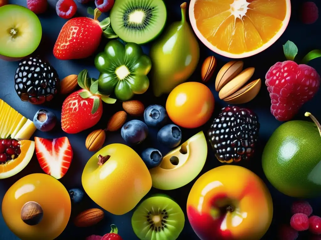 Una exquisita exhibición de frutas, verduras, frutos secos y semillas, resaltando la diversidad y frescura de la dieta basada en plantas para salud.