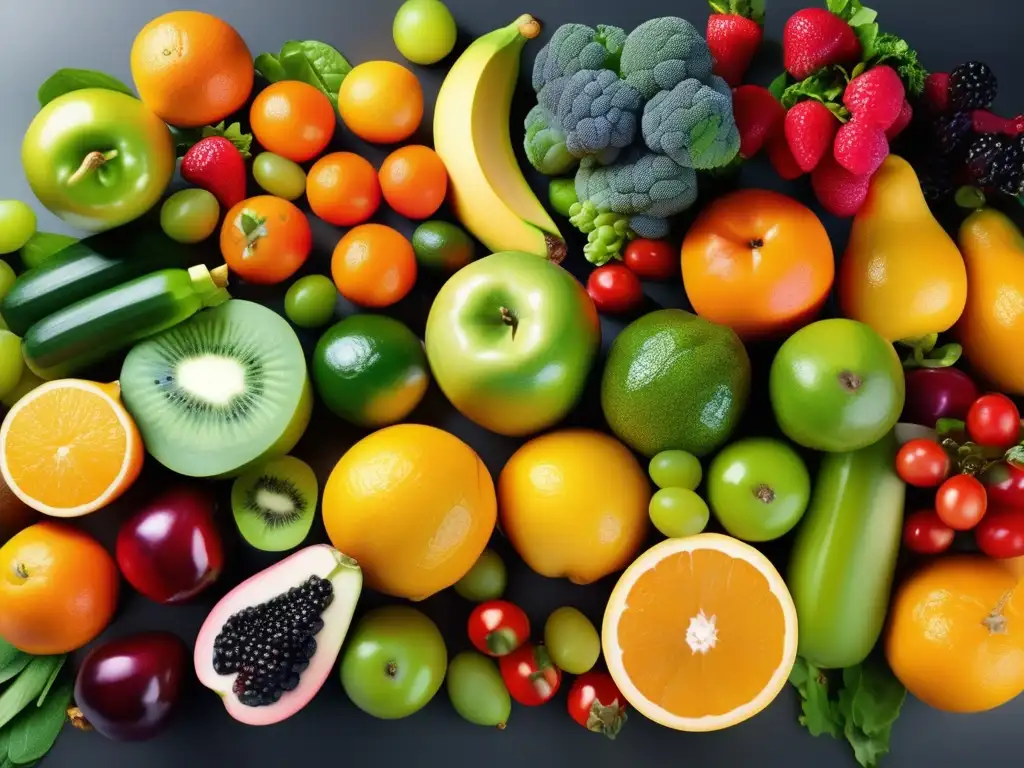 Una exquisita exhibición de frutas y verduras frescas, con colores vibrantes y aspecto saludable. <b>Vitaminas esenciales para una dieta equilibrada.