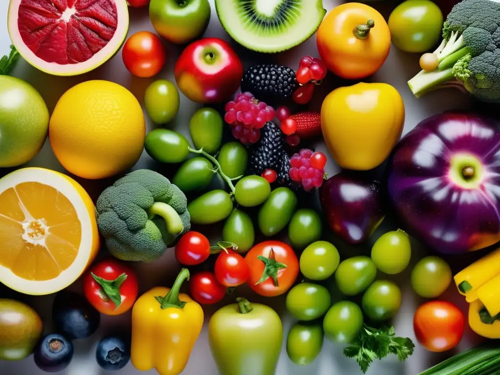 Una exquisita exhibición de frutas y verduras vibrantes, detalladas y apetitosas, desmitiendo mitos sobre la dieta del atleta.