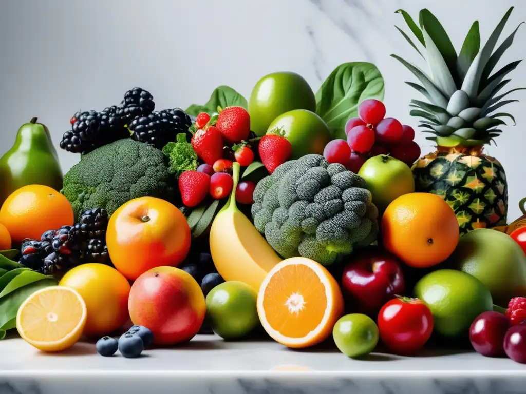 Una exquisita exhibición de frutas y verduras frescas sobre mármol blanco. <b>La luz natural resalta sus colores y frescura, promoviendo la idea de alimentación consciente y saludable.</b> <b>Terapias creativas para trastornos alimentarios.