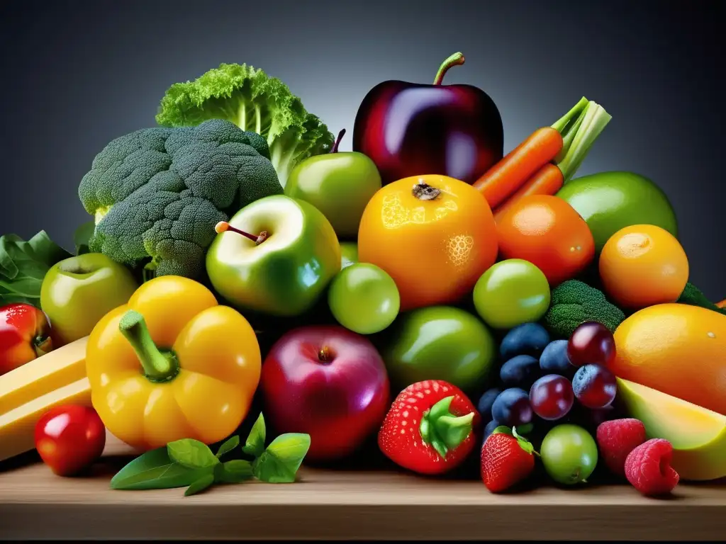 Una exquisita exhibición de frutas y verduras frescas, resplandeciendo con vitalidad y color, evocando la alimentación saludable y ciclo menstrual.