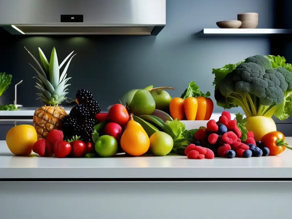 Una exquisita exhibición de frutas y verduras coloridas en una cocina moderna, resaltando la influencia de los carbohidratos en emociones saludables.