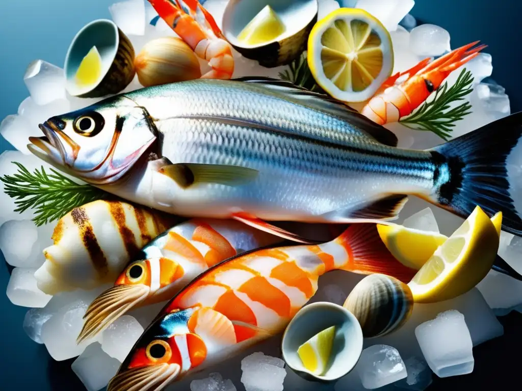 Una exquisita exhibición de pescados y mariscos frescos en hielo, resaltando sus texturas y colores. <b>Beneficios de pescados y mariscos.