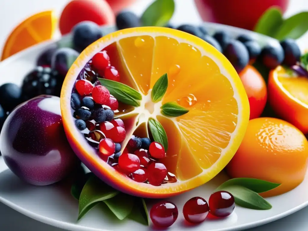 Una exquisita presentación de alimentos que embellecen la piel: frutas y verduras coloridas y frescas sobre un elegante plato blanco.