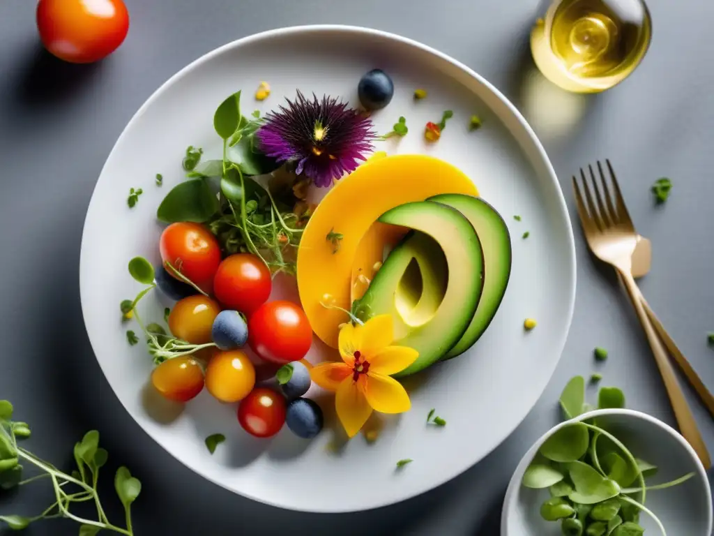 Una exquisita presentación de cocina fusión y alimentación consciente, con ingredientes frescos y coloridos en un plato blanco.