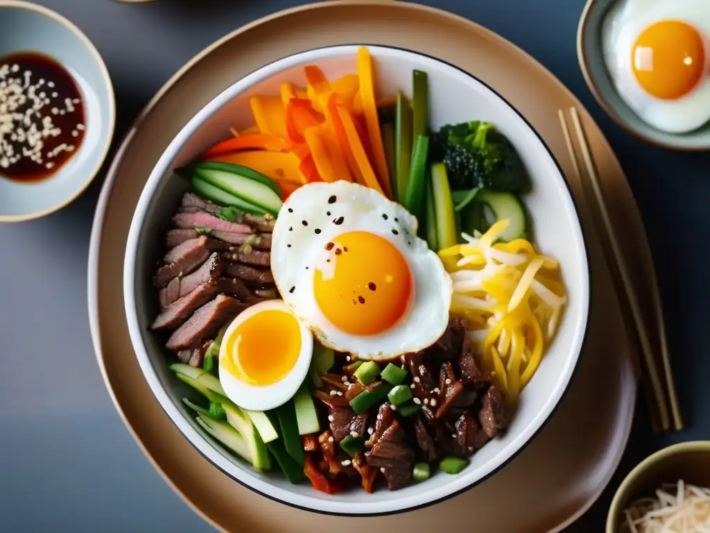 Una exquisita y saludable cocina coreana con bibimbap, destacando sus vibrantes colores y presentación elegante.
