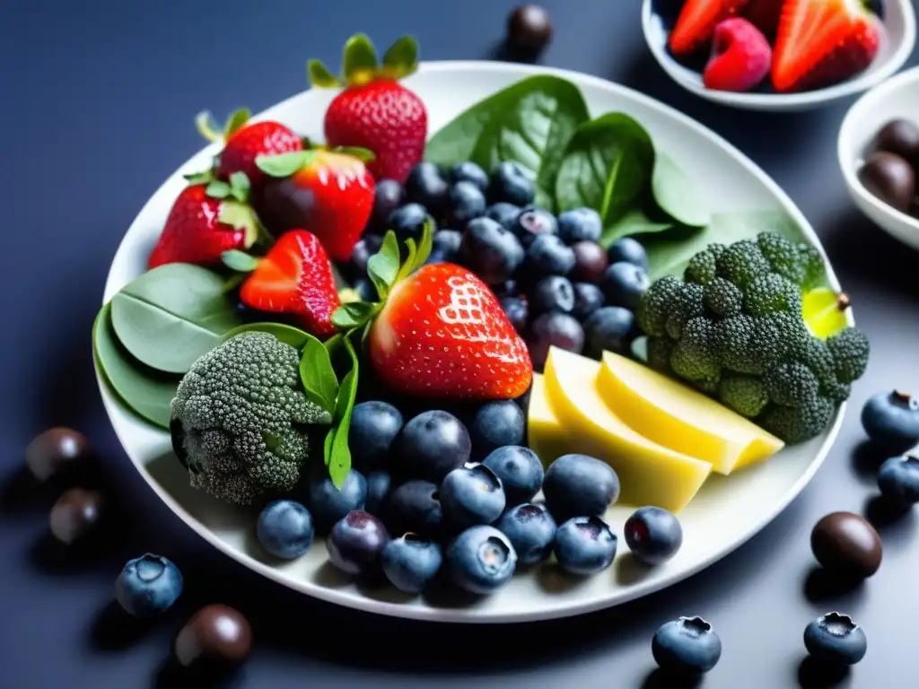 Una exquisita selección de alimentos antioxidantes para reducir estrés, brillantes y frescos en un elegante plato blanco.