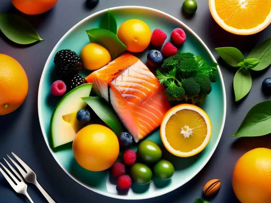 Una exquisita selección de alimentos saludables en un plato moderno, destacando la prevención de la osteoporosis con una dieta balanceada y variada.