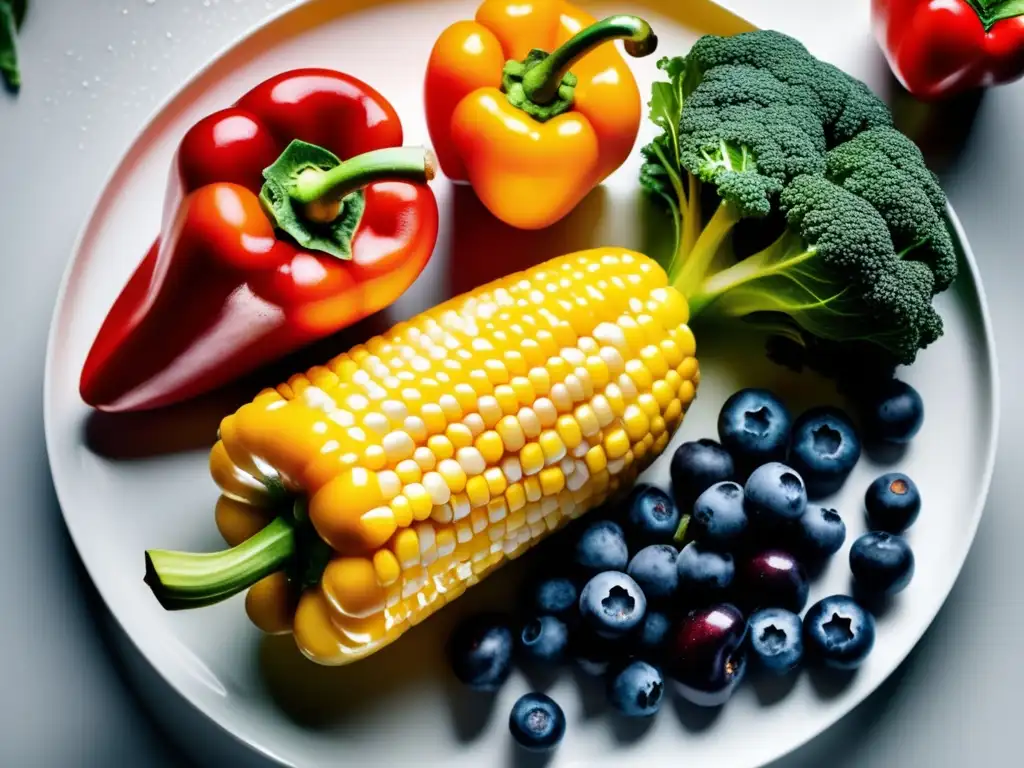 Una exquisita selección de frutas y verduras frescas, con gotas de agua brillante. <b>Alimentación adecuada prevenir deterioro visual.