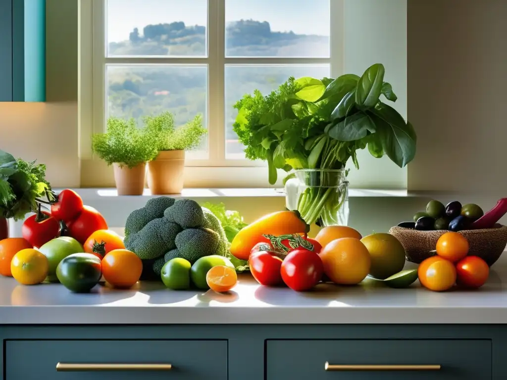 Una exquisita selección de frutas y verduras mediterráneas frescas en una cocina moderna, iluminada por la luz natural. Dieta mediterránea en la cocina sudamericana.