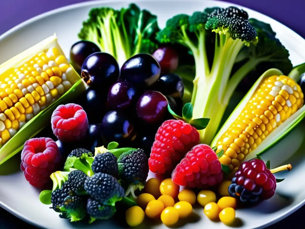 Una exquisita selección de frutas y verduras de alta fibra, con colores vibrantes y frescos. <b>Perfecto para la prevención de la diabetes.