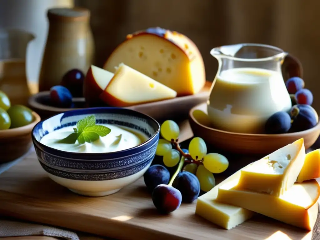 Una exquisita selección de lácteos mediterráneos con higos y uvas, iluminada por la luz natural. <b>Beneficios lácteos en la dieta.