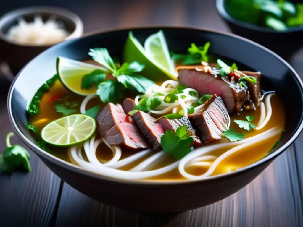 Una exquisita sopa de pho vietnamita con ingredientes frescos y aromáticos. <b>Secretos cocina vietnamita alimentación equilibrada.