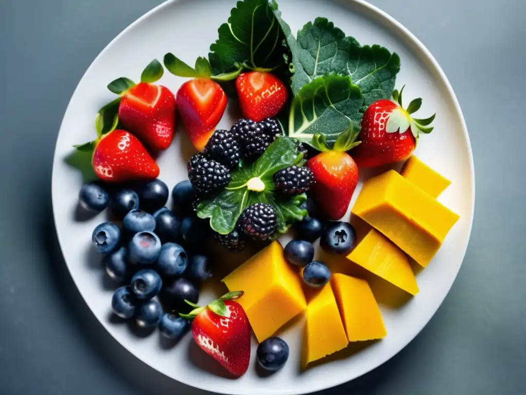 Una exquisita variedad de alimentos antiinflamatorios en un moderno plato blanco. Fresas rojas, kale verde, arándanos azules y cúrcuma dorada se destacan por su detalle, creando una experiencia visual inmersiva y apetitosa. Errores comunes dietas antiinflamator