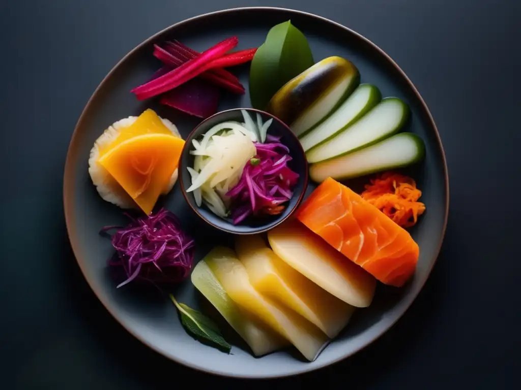 Una exquisita variedad de alimentos fermentados en un plato de cerámica, resaltando los beneficios de la fermentación en la dieta.