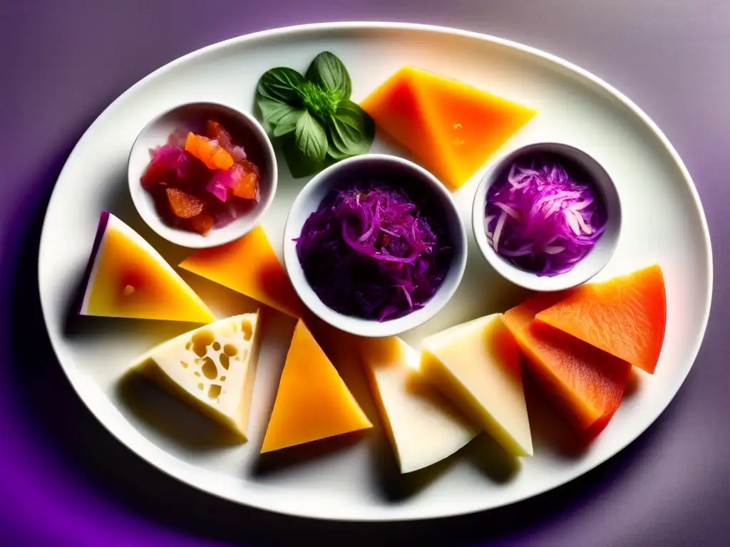 Una exquisita variedad de alimentos fermentados en una elegante presentación, evocando beneficios para la salud intestinal.