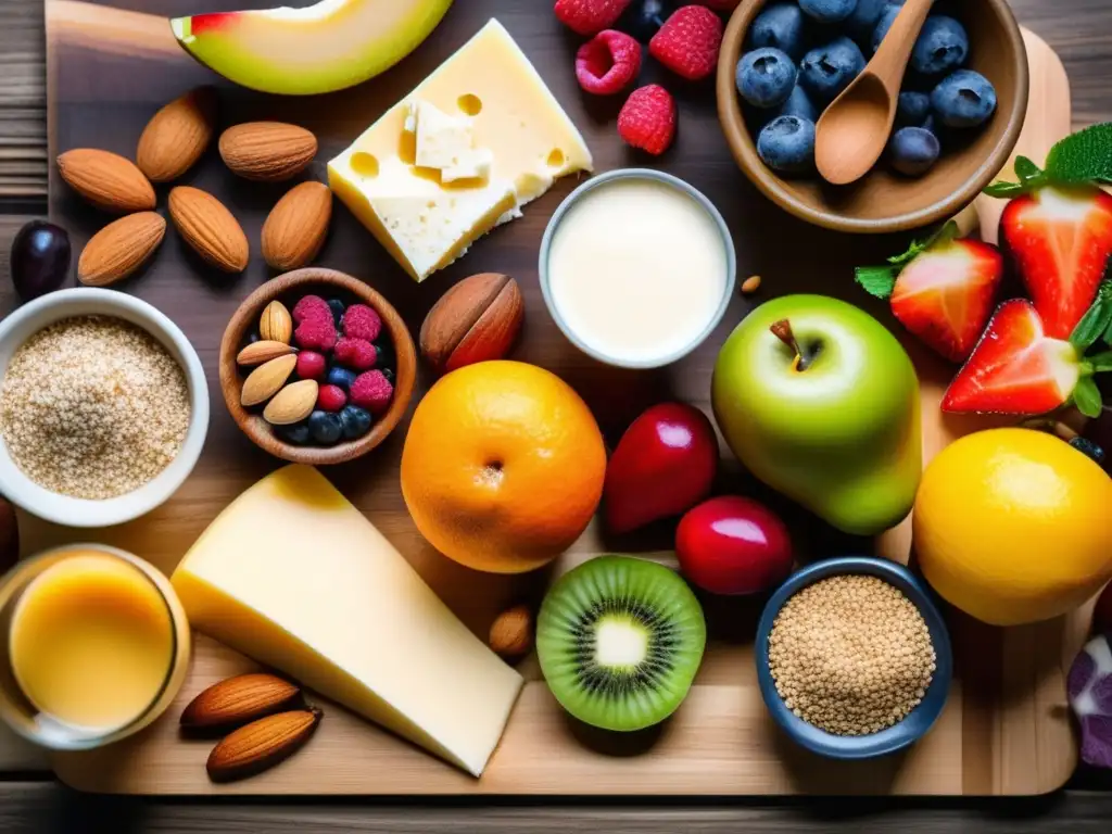 Una exquisita variedad de alimentos sin lácteos y sin lactosa en una tabla rústica. <b>Dieta para intolerancia a la lactosa.