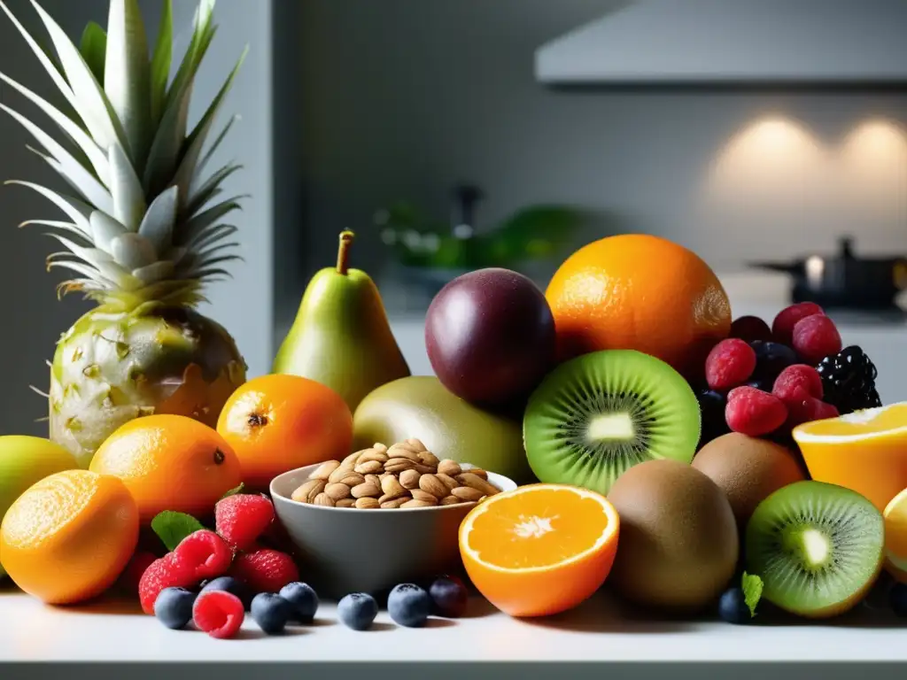 Una exquisita variedad de alimentos que aceleran el metabolismo para pérdida, cuidadosamente dispuestos en una cocina moderna y elegante.