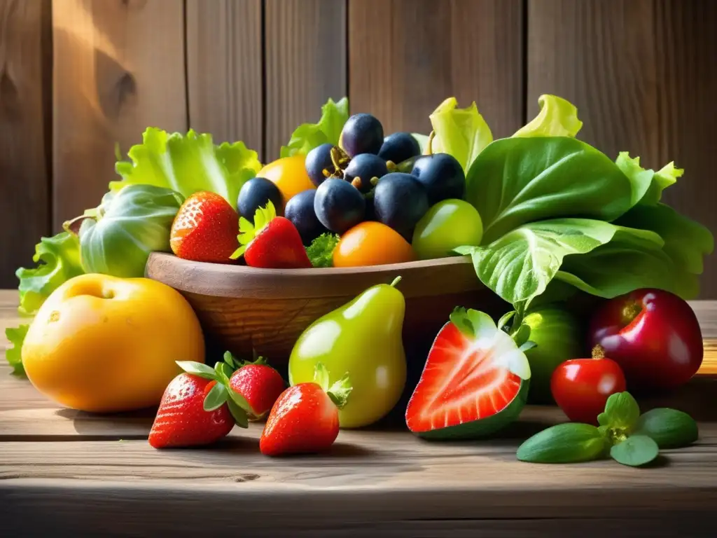 Una exquisita variedad de alimentos no procesados y sostenibles, brillando bajo la cálida luz del sol en una mesa rústica de madera.