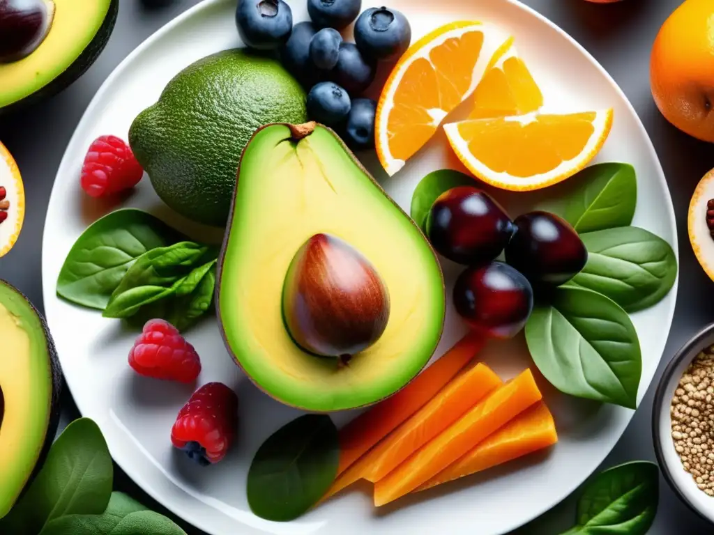 Una exquisita variedad de alimentos ricos en vitaminas B para adultos mayores, dispuestos en un plato blanco sobre una selección de frutas y verduras frescas. La luz natural realza su frescura y vitalidad.