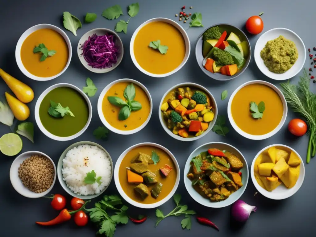 Una exquisita variedad de curry bajo en grasa, con vibrantes vegetales y proteínas magras, presentada con elegancia en un plato minimalista.