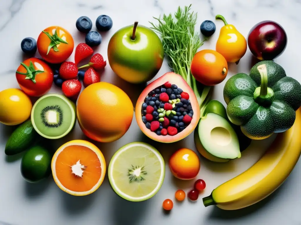 Una exquisita variedad de frutas y verduras frescas sobre una mesa de mármol blanco. <b>Alimentación saludable para empoderamiento personal.