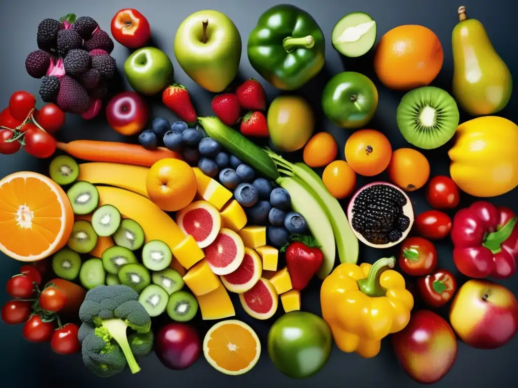 Una exquisita variedad de frutas y verduras frescas, con colores vibrantes y detalles ultra definidos. <b>Inspirando una alimentación equilibrada y saludable.</b> <b>Calculadoras de nutrientes para dieta.