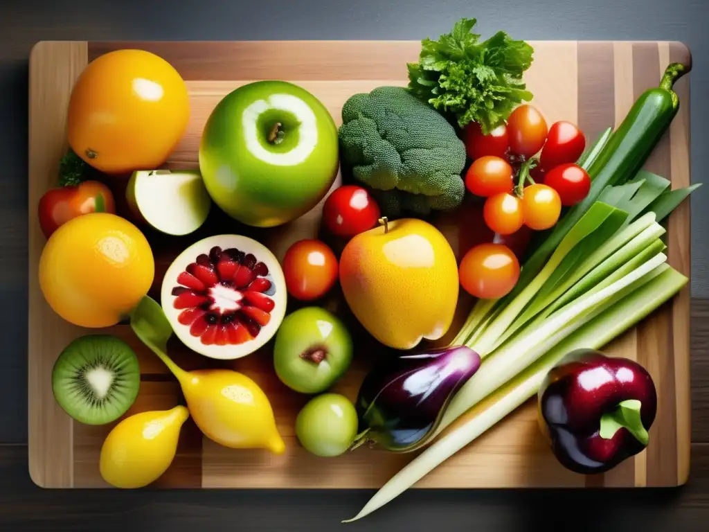 Una exquisita variedad de frutas y verduras frescas sobre tabla de cortar, deslumbrando con gotas de agua. <b>Plantillas seguimiento dietas específicas.