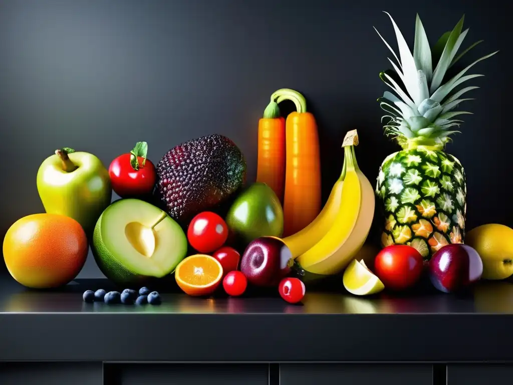 Una exquisita variedad de frutas y verduras coloridas en una encimera moderna. <b>Nutrigenómica para elecciones alimenticias.
