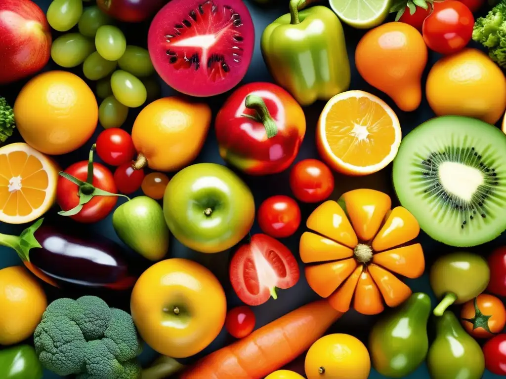 Una exquisita variedad de frutas y verduras organizadas de forma llamativa, resaltando su frescura y vitalidad. <b>Nutrigenómica en alimentos saludables.