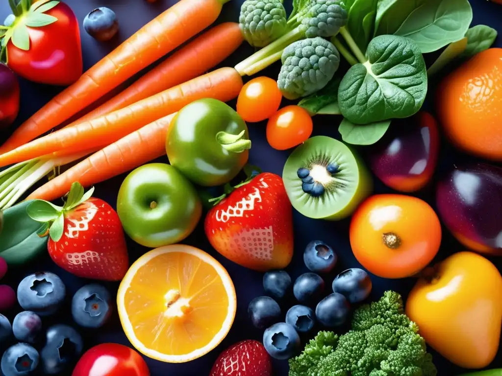 Una exquisita variedad de frutas y verduras vibrantes, organizadas con esmero. Nutrición antioxidante: mitos y realidades.