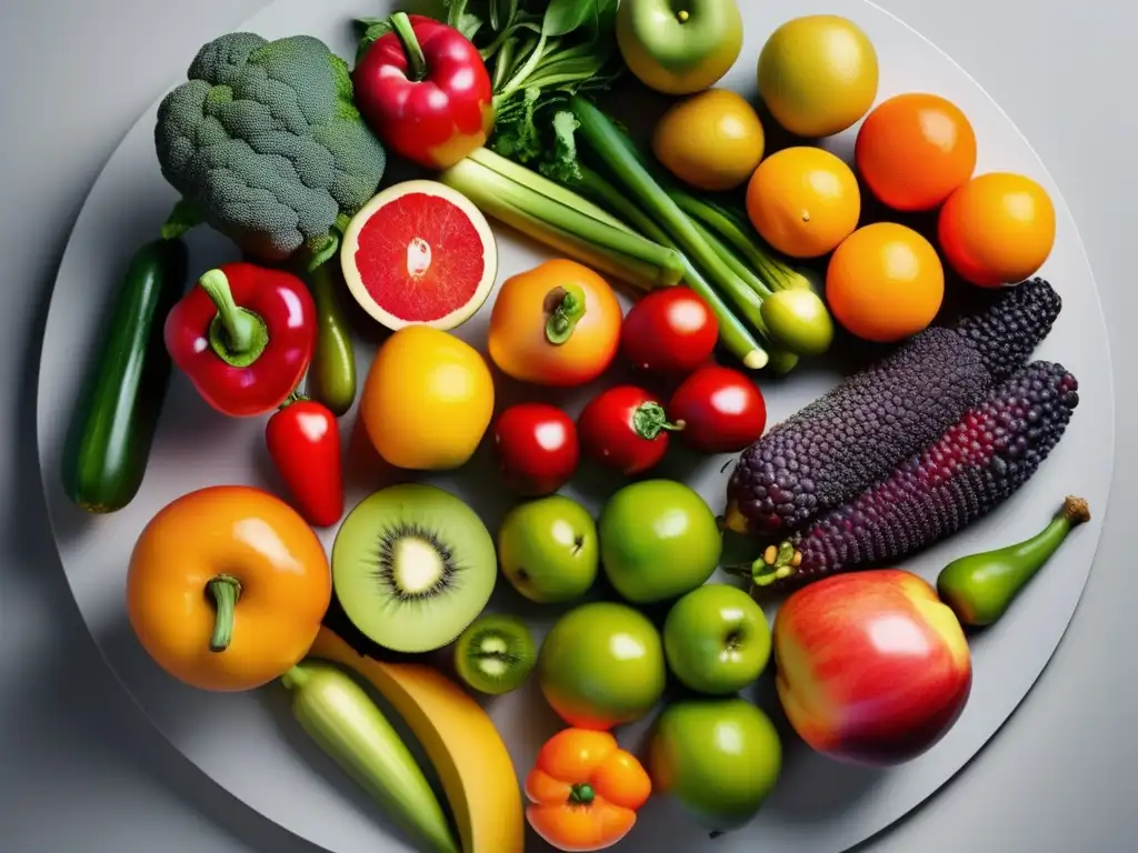 Una exquisita variedad de frutas y verduras frescas se muestra en un elegante mostrador de cocina. La importancia de una dieta saludable se refleja en esta vibrante y atractiva presentación de alimentos.
