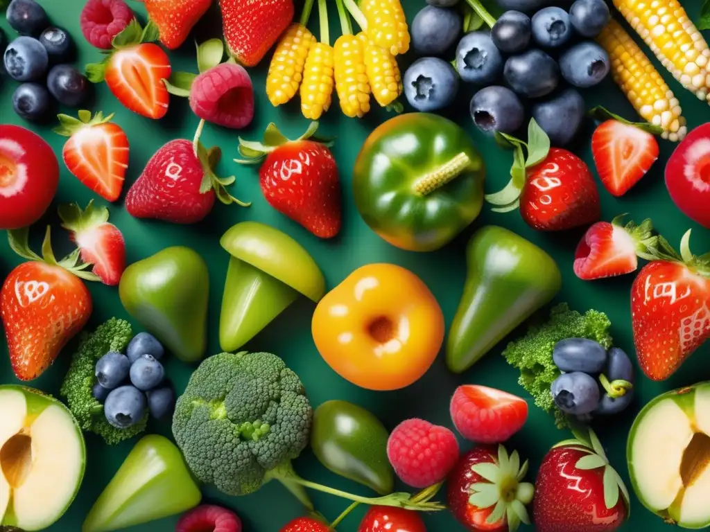 Una exquisita variedad de frutas y verduras frescas, coloridas y detalladas, en un patrón simétrico. <b>Conservación natural de alimentos sin aditivos.
