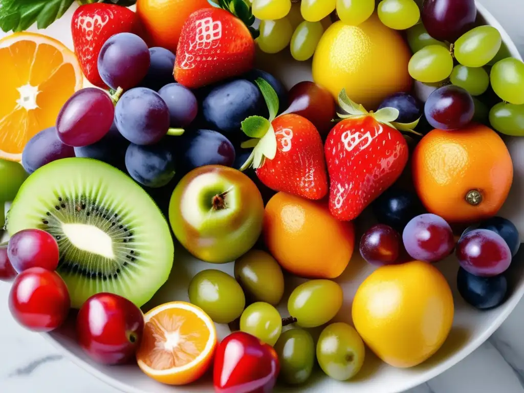 Una exquisita variedad de frutas y verduras frescas, resaltando colores y texturas. Inspirando vitalidad y bienestar con el manejo nutricional de alergias alimentarias.