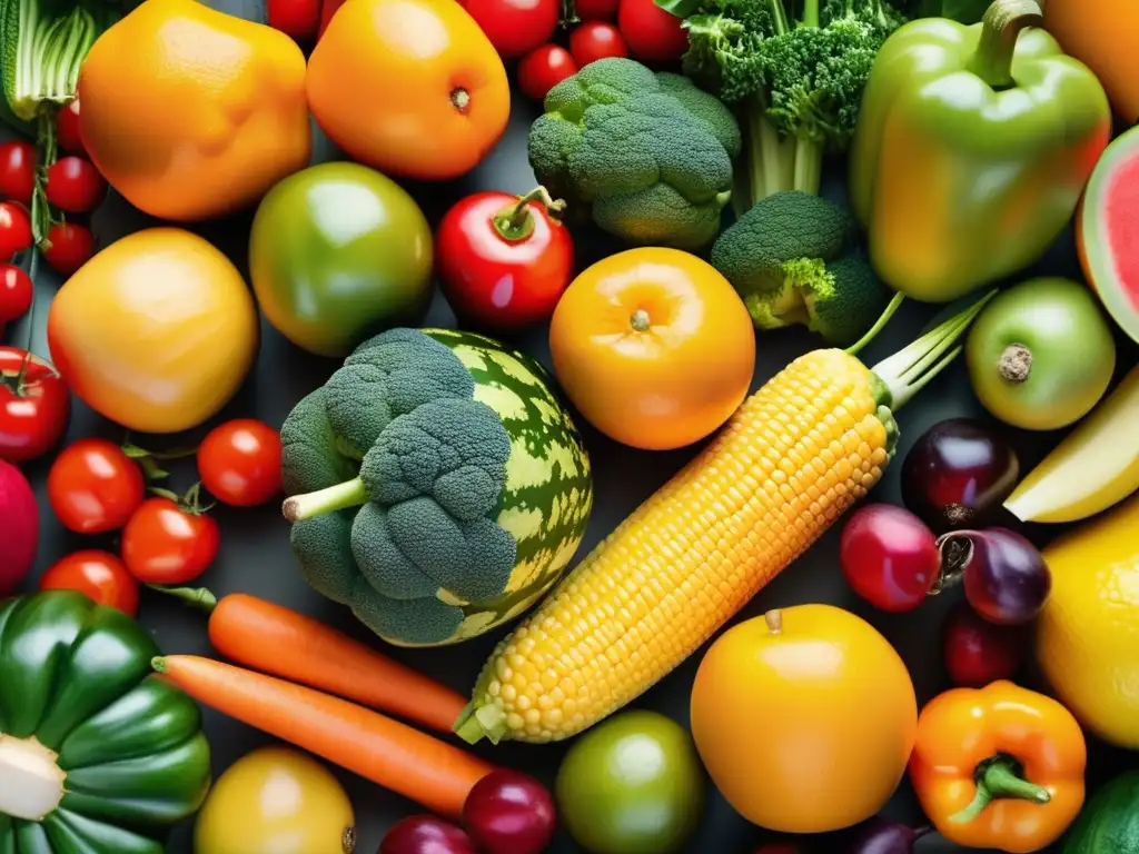 Una exquisita variedad de frutas y verduras frescas, con colores vibrantes y texturas detalladas, ideal para gestionar alergias alimentarias.