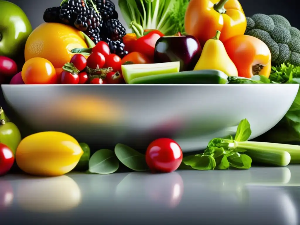 Una exquisita variedad de frutas y verduras frescas en una cocina moderna. Colores vibrantes y texturas tentadoras que invitan al consumo de alimentos saludables.