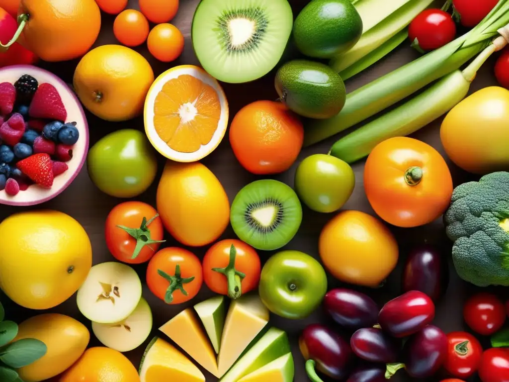 Una exquisita variedad de frutas y verduras coloridas, invitando a una alimentación balanceada para la prevención de desórdenes alimenticios en la adolescencia.