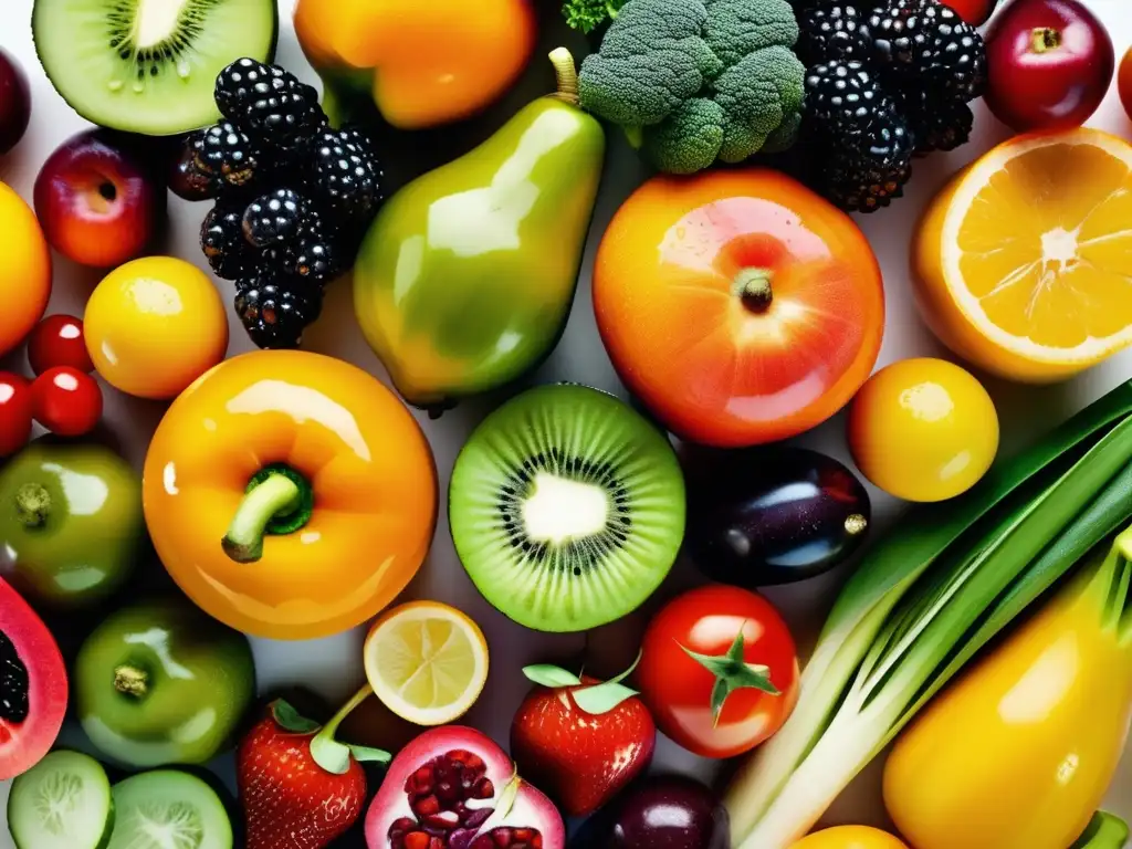 Una exquisita variedad de frutas y verduras frescas, con gotas de agua brillantes. <b>Beneficios probióticos y prebióticos dieta infantil.