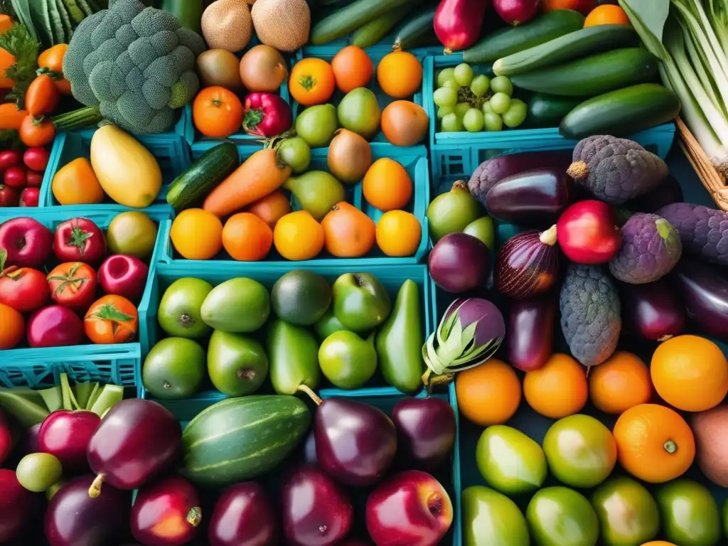 Una exquisita variedad de frutas y verduras frescas en un mercado. <b>Prevención Alzheimer y alimentación saludable.