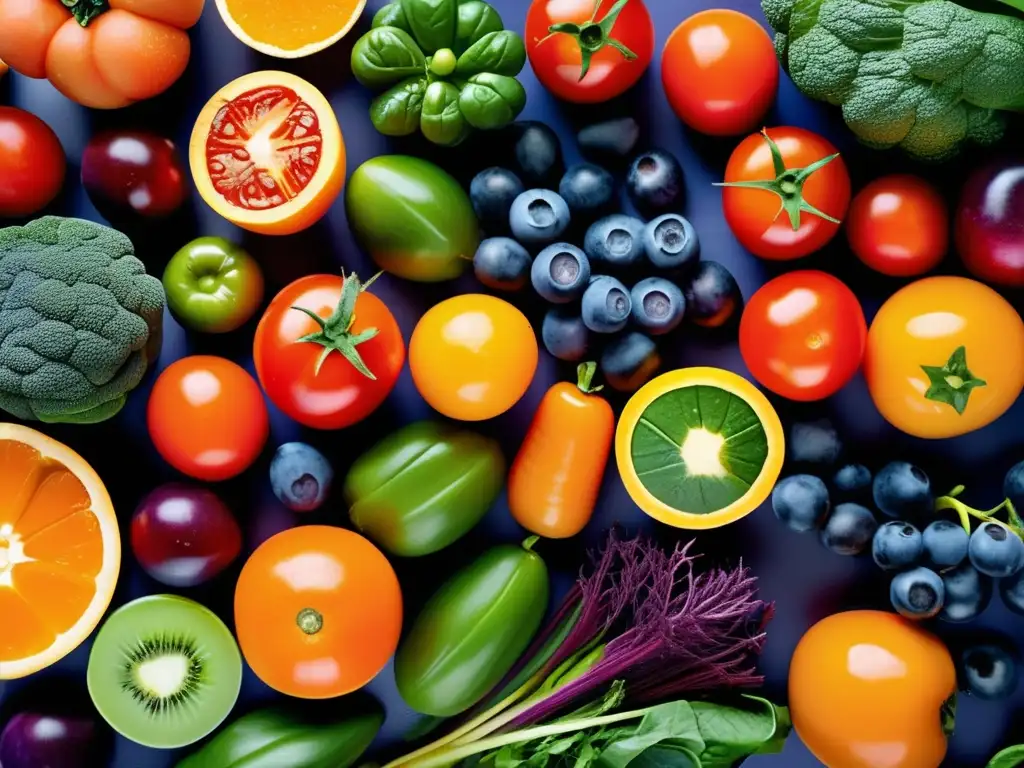 Una exquisita variedad de frutas y verduras frescas, brillantes y coloridas, con gotas de agua. Una exhibición visualmente impresionante que destaca la importancia de una dieta saludable para la prevención de la degeneración macular relacionada con la edad.