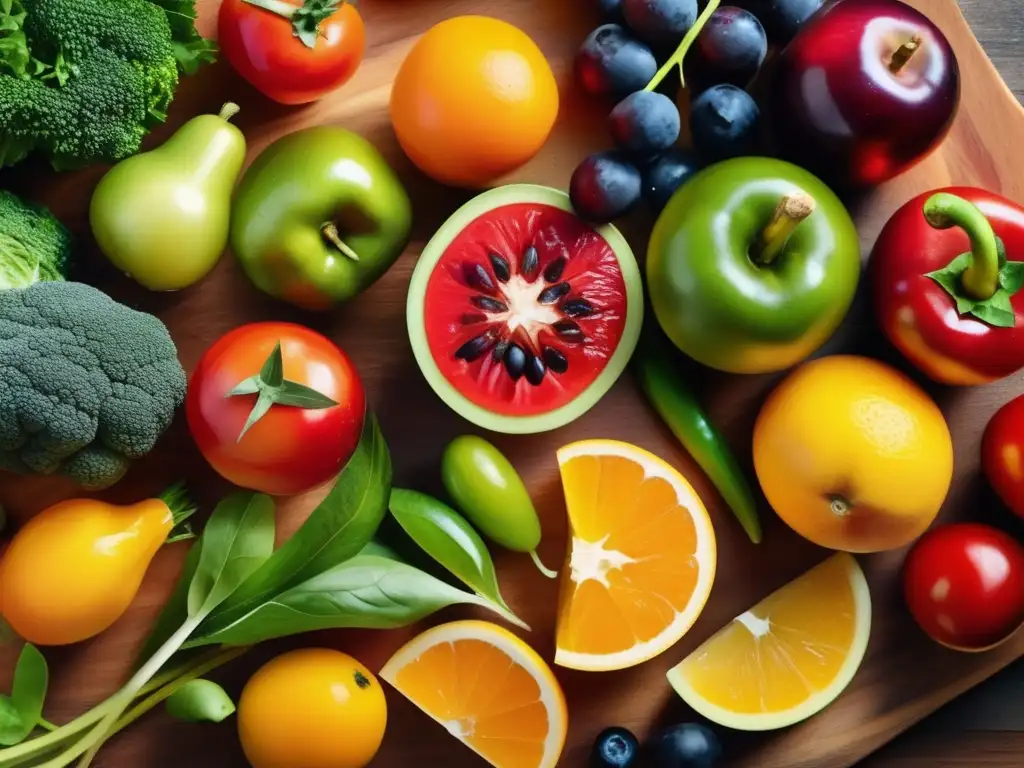 Una exquisita variedad de frutas y verduras orgánicas sin químicos, con colores vibrantes y texturas detalladas. <b>Celebrando los beneficios de alimentos orgánicos sin químicos.