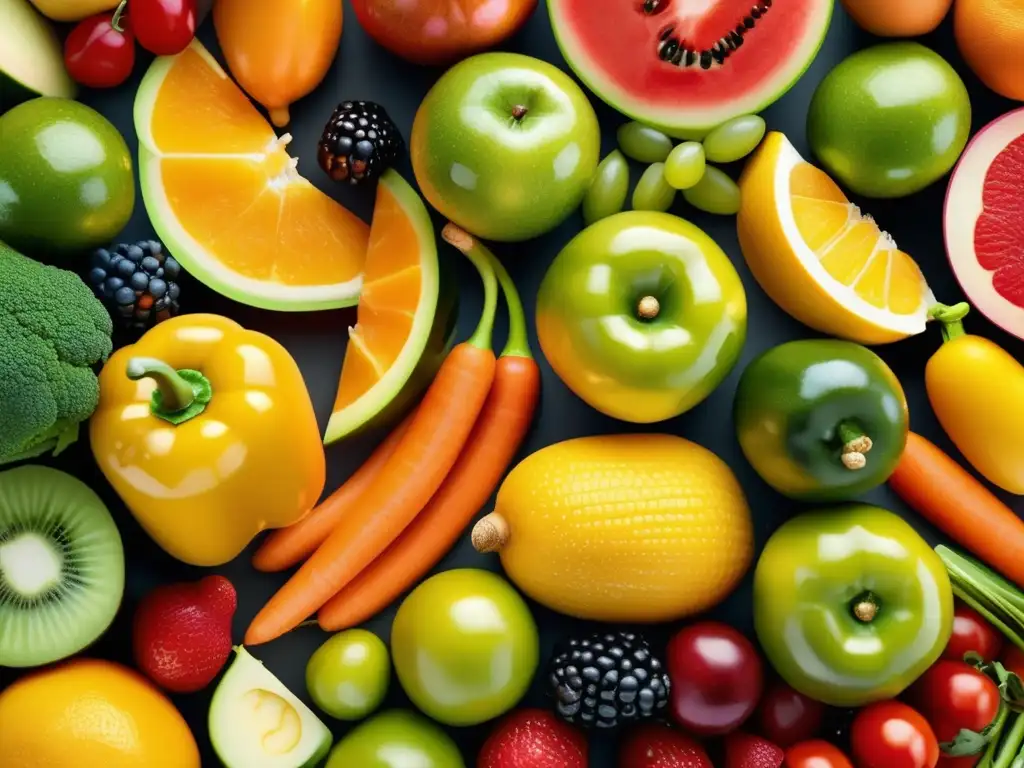 Una exquisita variedad de frutas y verduras frescas dispuestas con maestría. La paleta de colores y la frescura invitan a explorar opciones nutritivas.