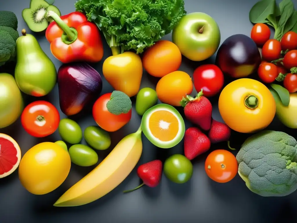 Una exquisita variedad de frutas y verduras frescas, dispuestas de forma vibrante y atractiva, con estrategias efectivas para combatir el sobrepeso.