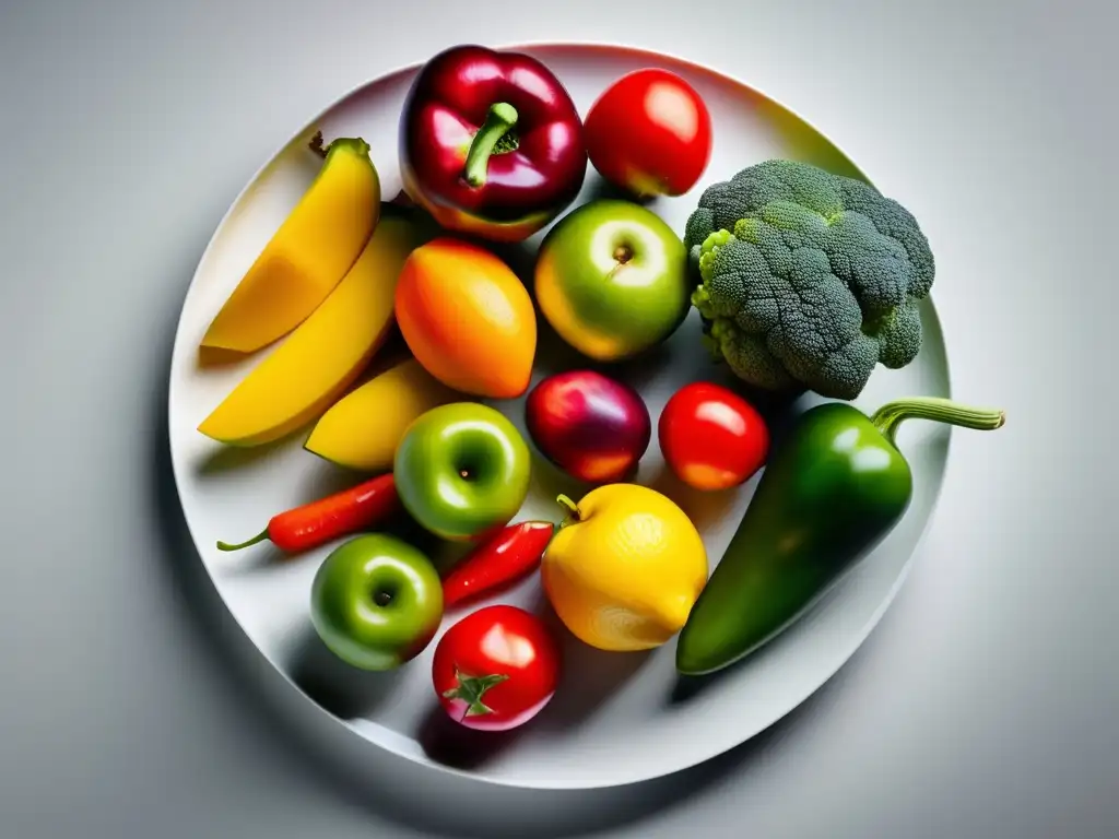 Una exquisita variedad de frutas y verduras frescas en un elegante plato blanco. <b>Alimentos para regenerar mucosa gastrointestinal.