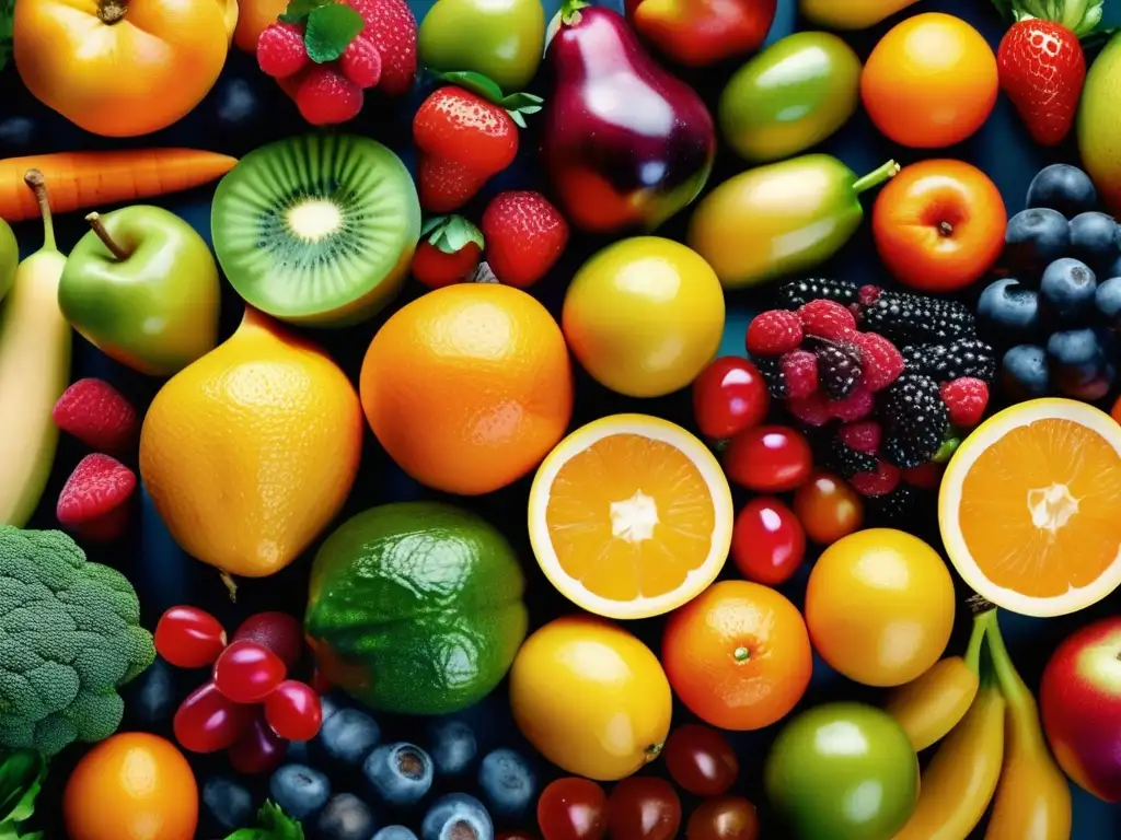 Una exquisita variedad de frutas y verduras frescas, brillantes y nutrientes, en un patrón visualmente atractivo. <b>Nutrición en pacientes con ostomías.