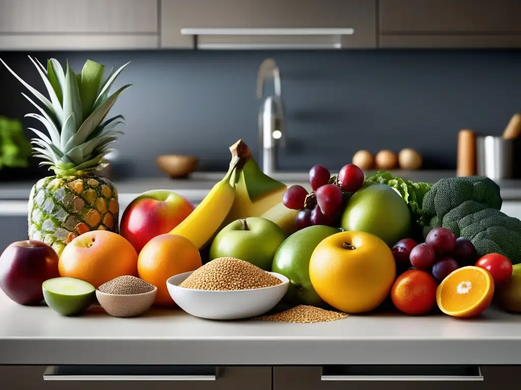 Una exquisita variedad de frutas, verduras y granos enteros en una cocina moderna. La imagen transmite frescura y vitalidad, ideal para una dieta para controlar diarrea crónica.