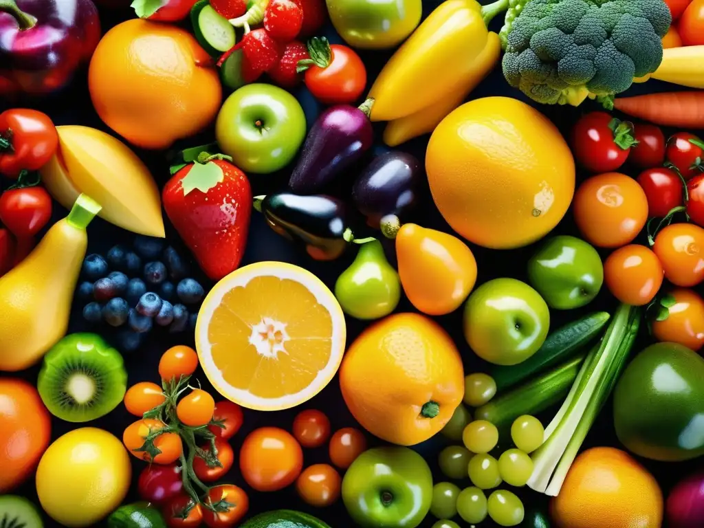 Una exquisita variedad de frutas y verduras frescas, con colores vibrantes y texturas irresistibles. <b>Nutrición adecuada para diabetes gestacional.