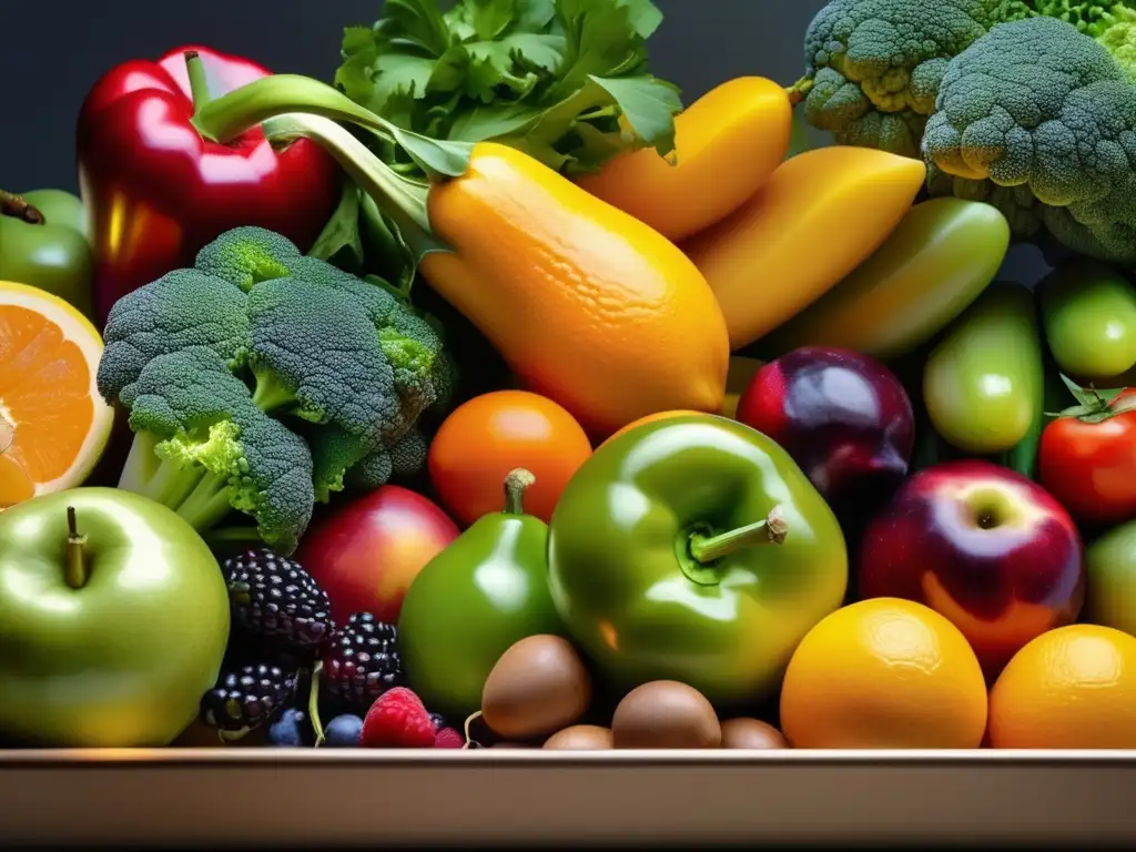 Una exquisita variedad de frutas y verduras saludables y coloridas en una encimera de cocina moderna. <b>La luz realza su belleza.</b> <b>Identificación y tratamiento de trastornos alimenticios.