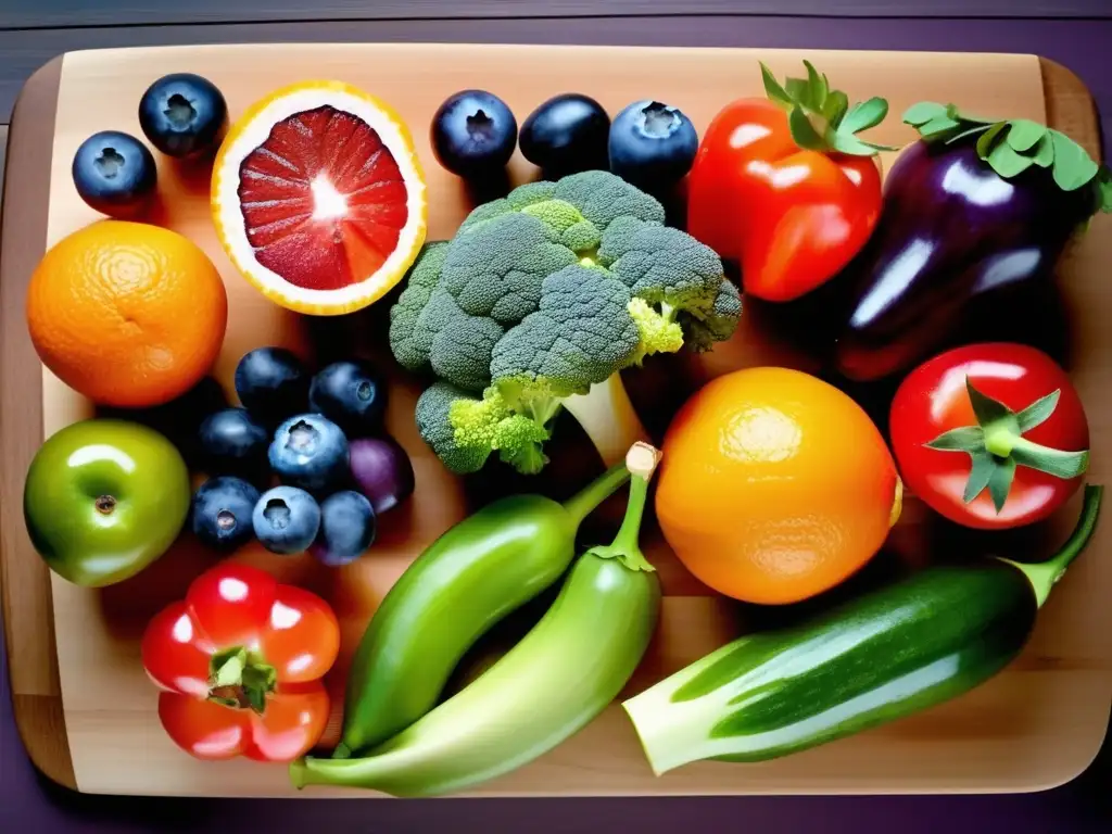 Una exquisita variedad de frutas y verduras frescas sobre tabla de cortar. <b>Alimentos para mejorar el estado de ánimo.